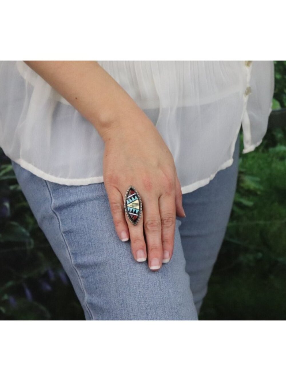 Sterling Silver D&V Eriacho Zuni Ring Turquoise Coral Onyx Mother of Pearl Sz 6 - Picture 3 of 7